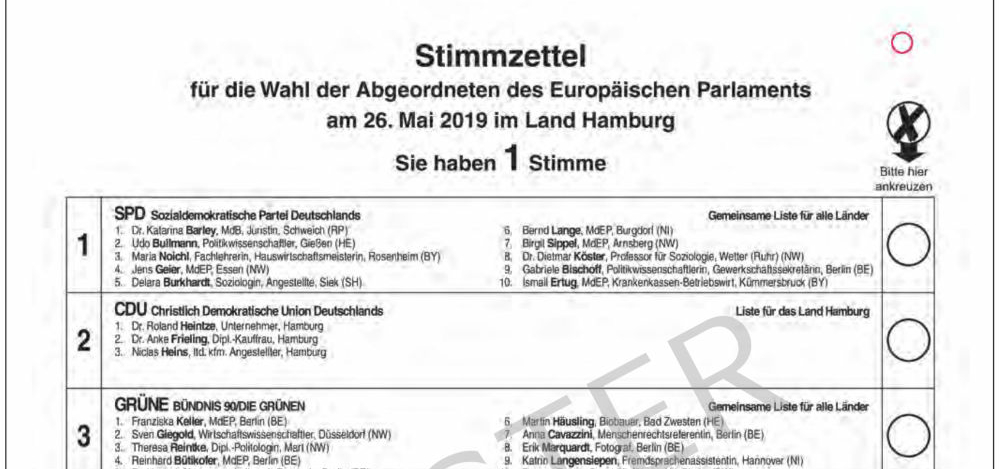 Musterstimmzettel zur Europawahl 2019 (Hamburg)